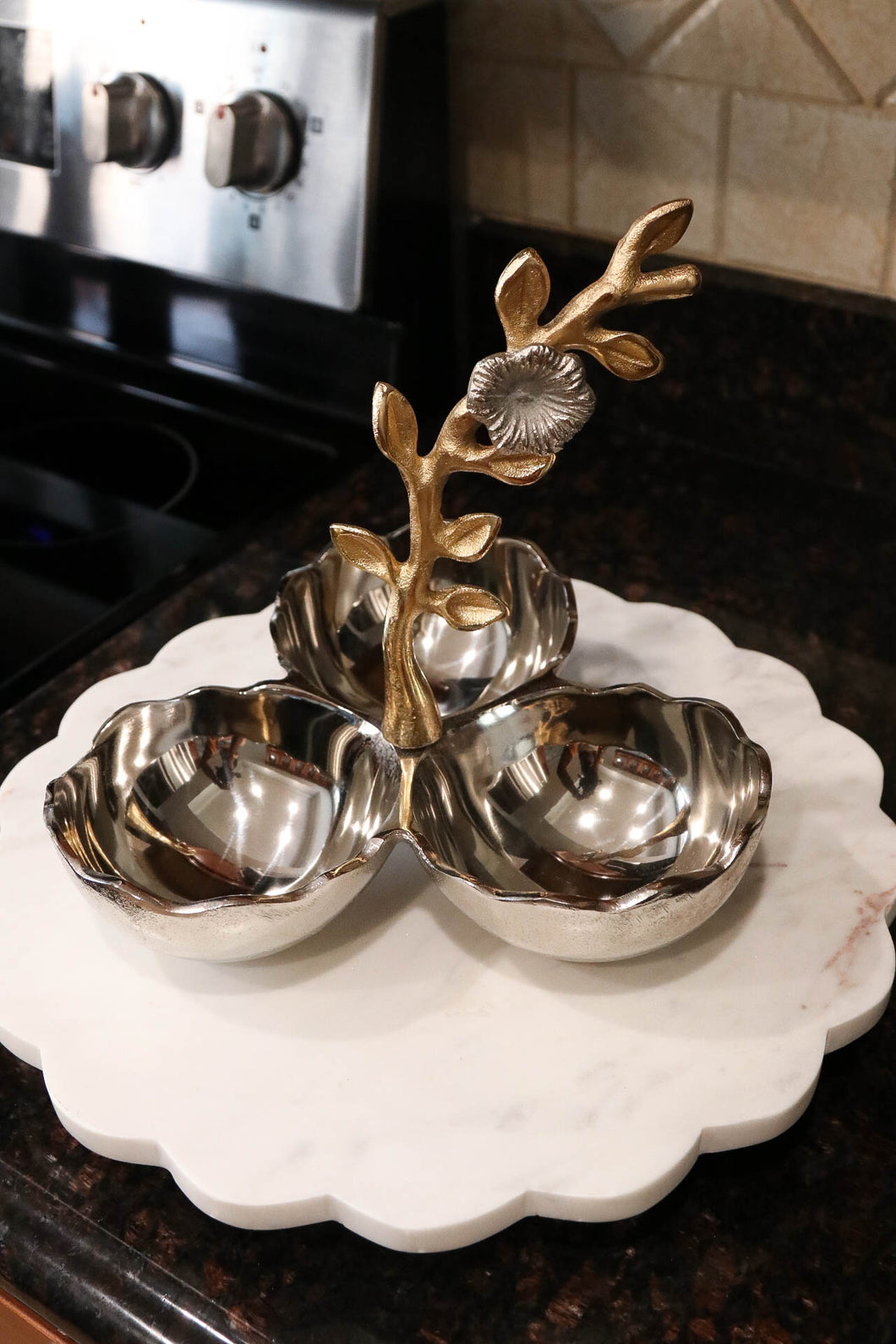 Silver Metal Snack Bowl with Gold Leaf Handle