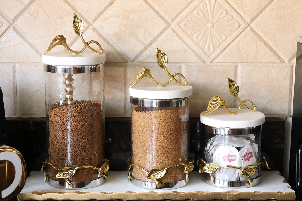 Glass Canister with Gold Leaf Design and Marble Lid