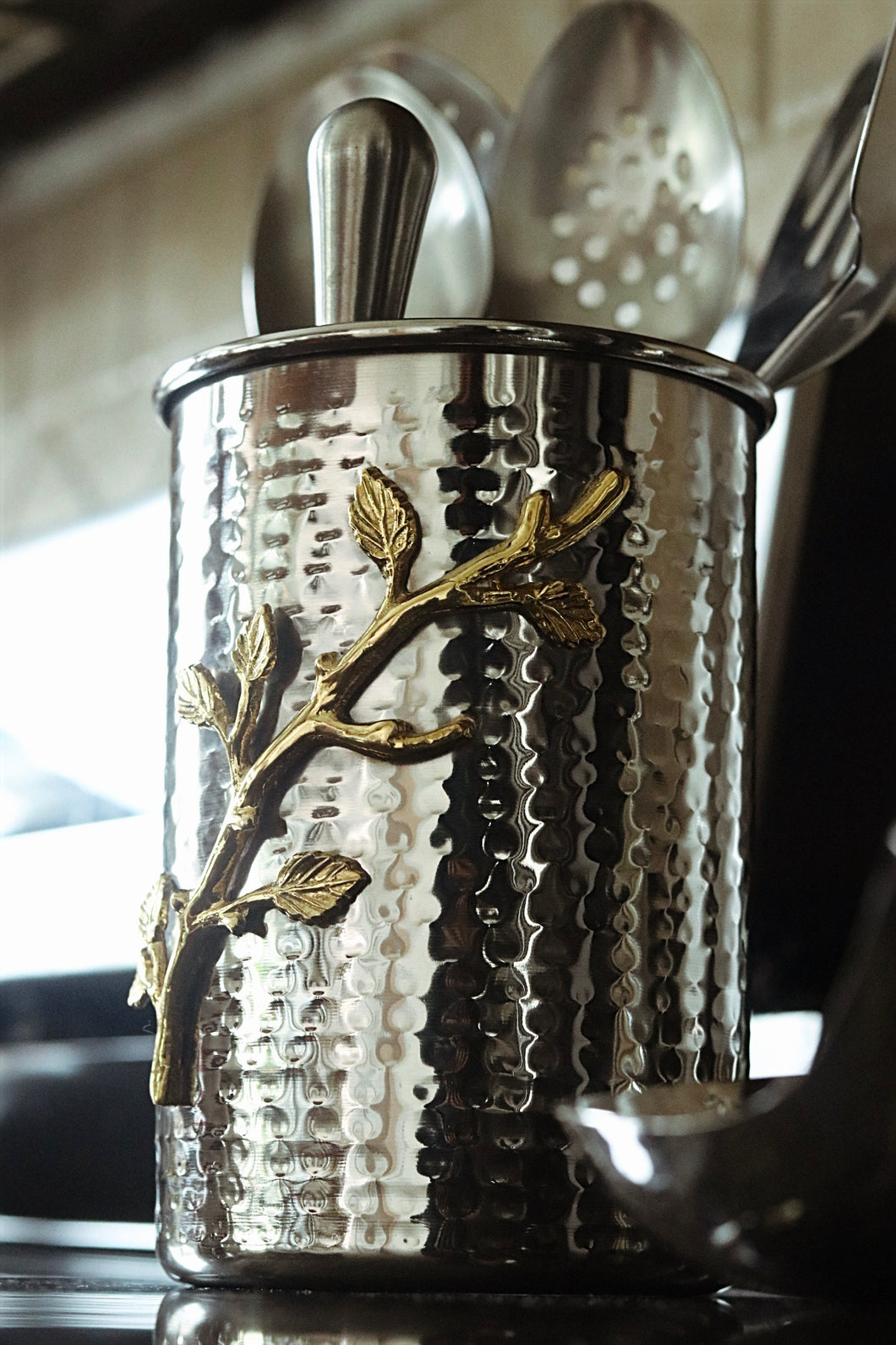 Silver Hammered Utensil Holder with Gold Flower Detail