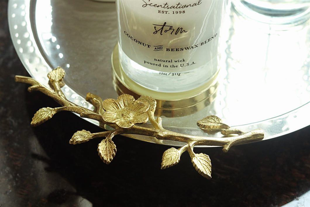 Silver Hammered Footed Round Tray with Gold Flower Detail