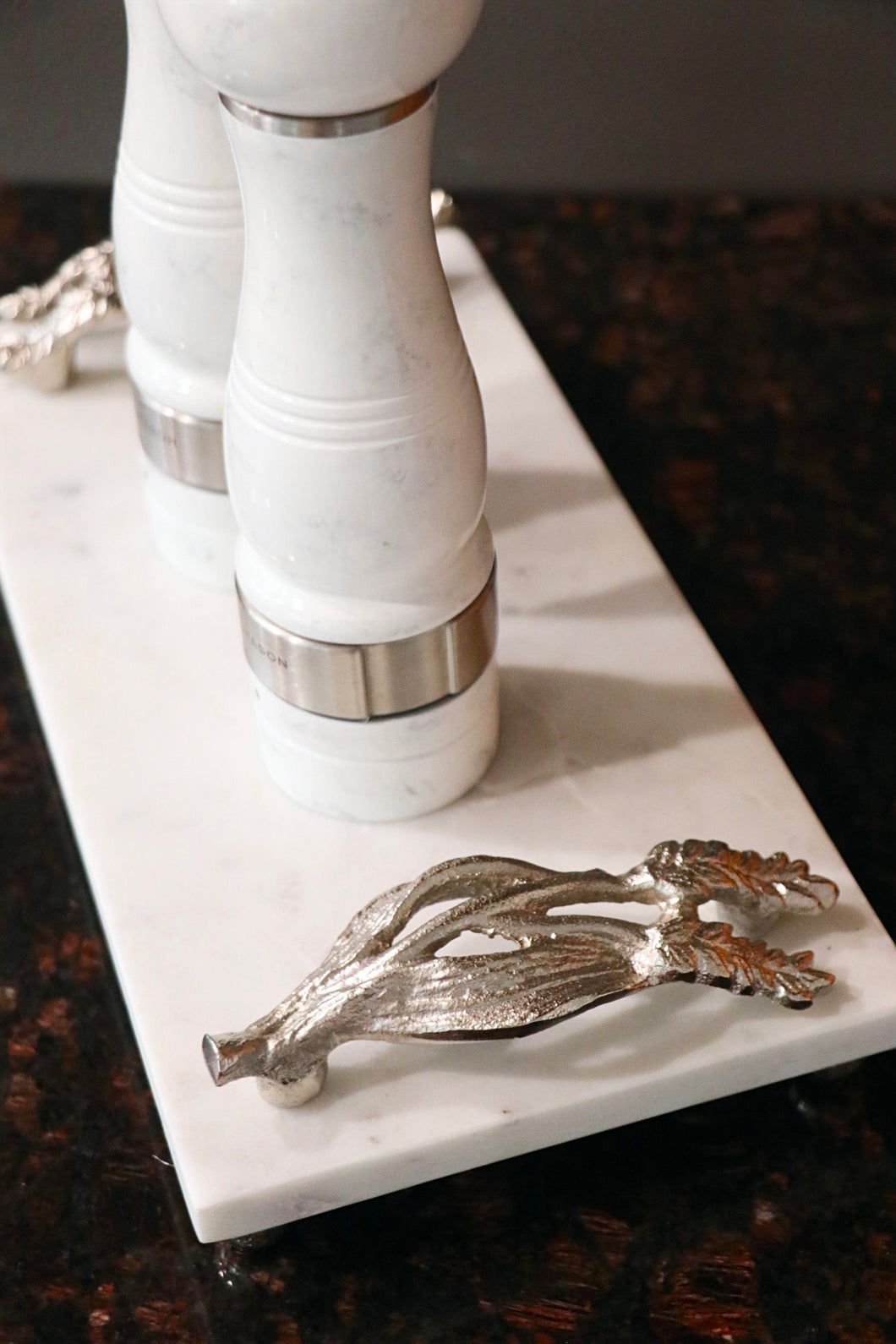 Marble Footed Tray with Silver Branch Handle