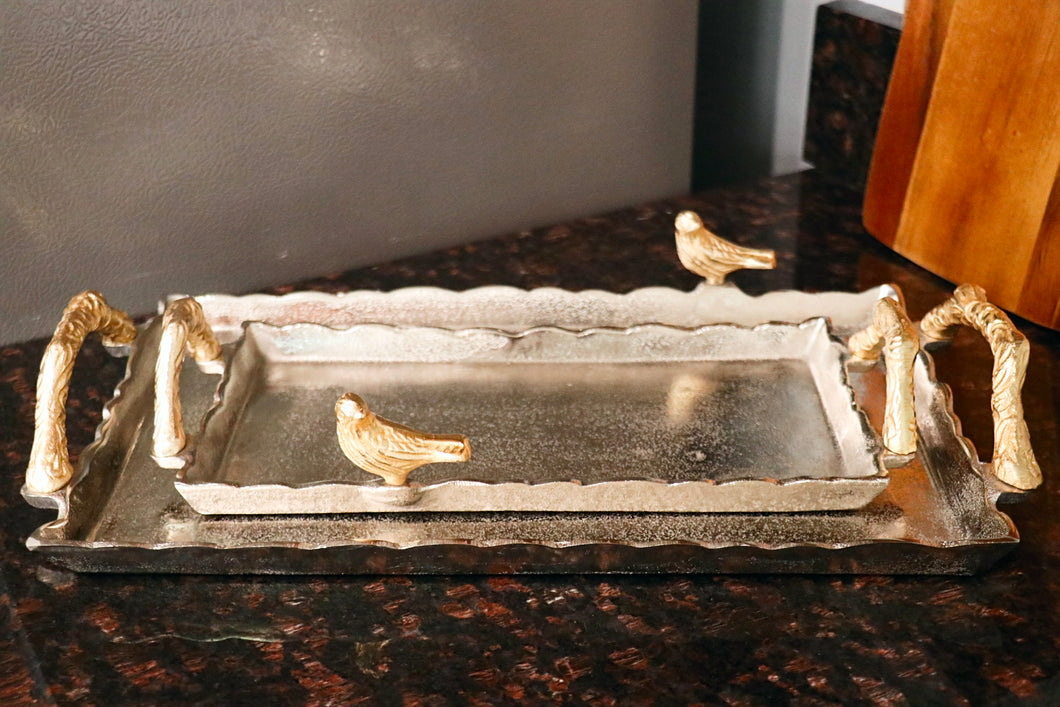 Small Silver Tray with Gold Bird and Gold Handle