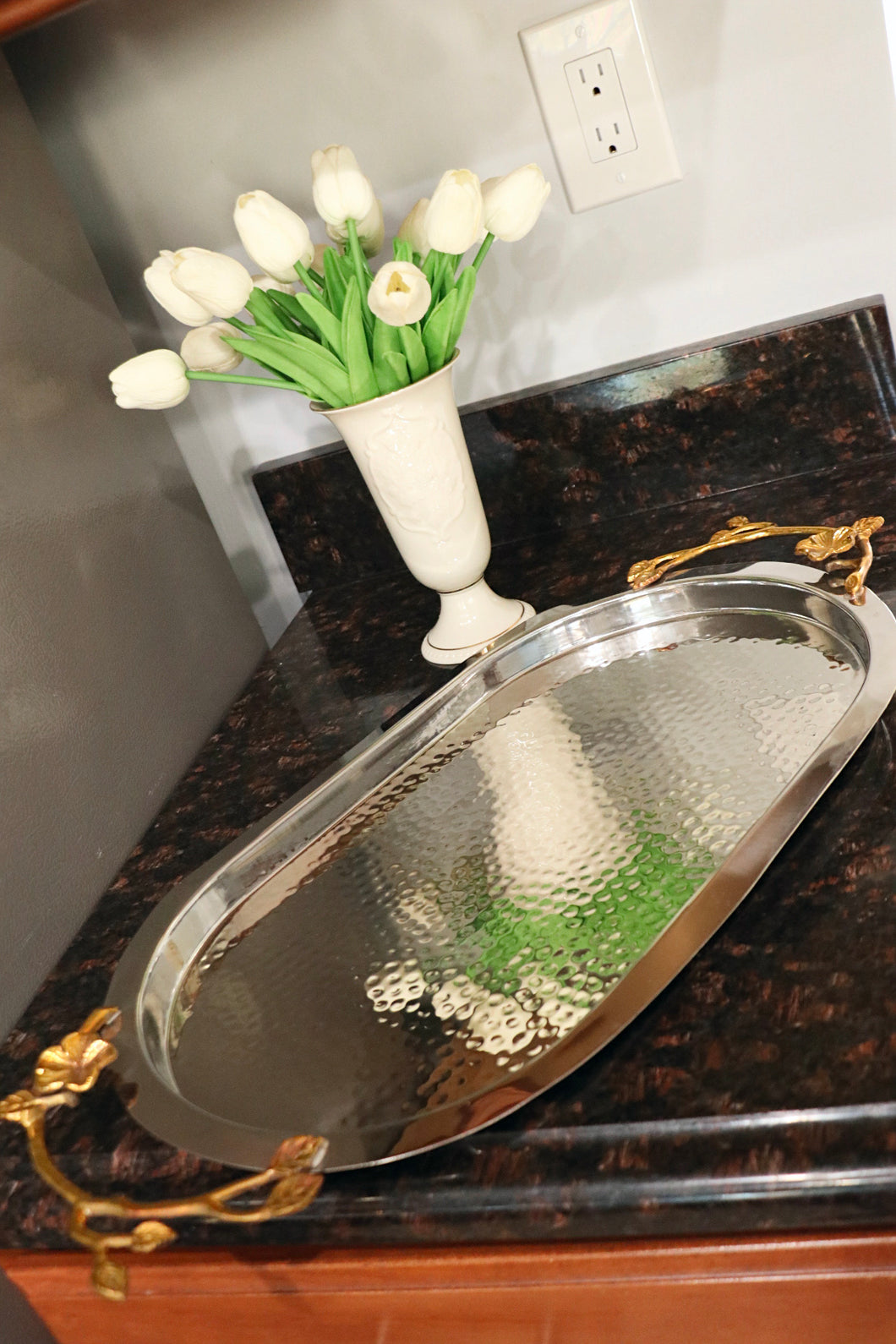 Large Oval Hammered Flower Branch Tray - Silver/Gold