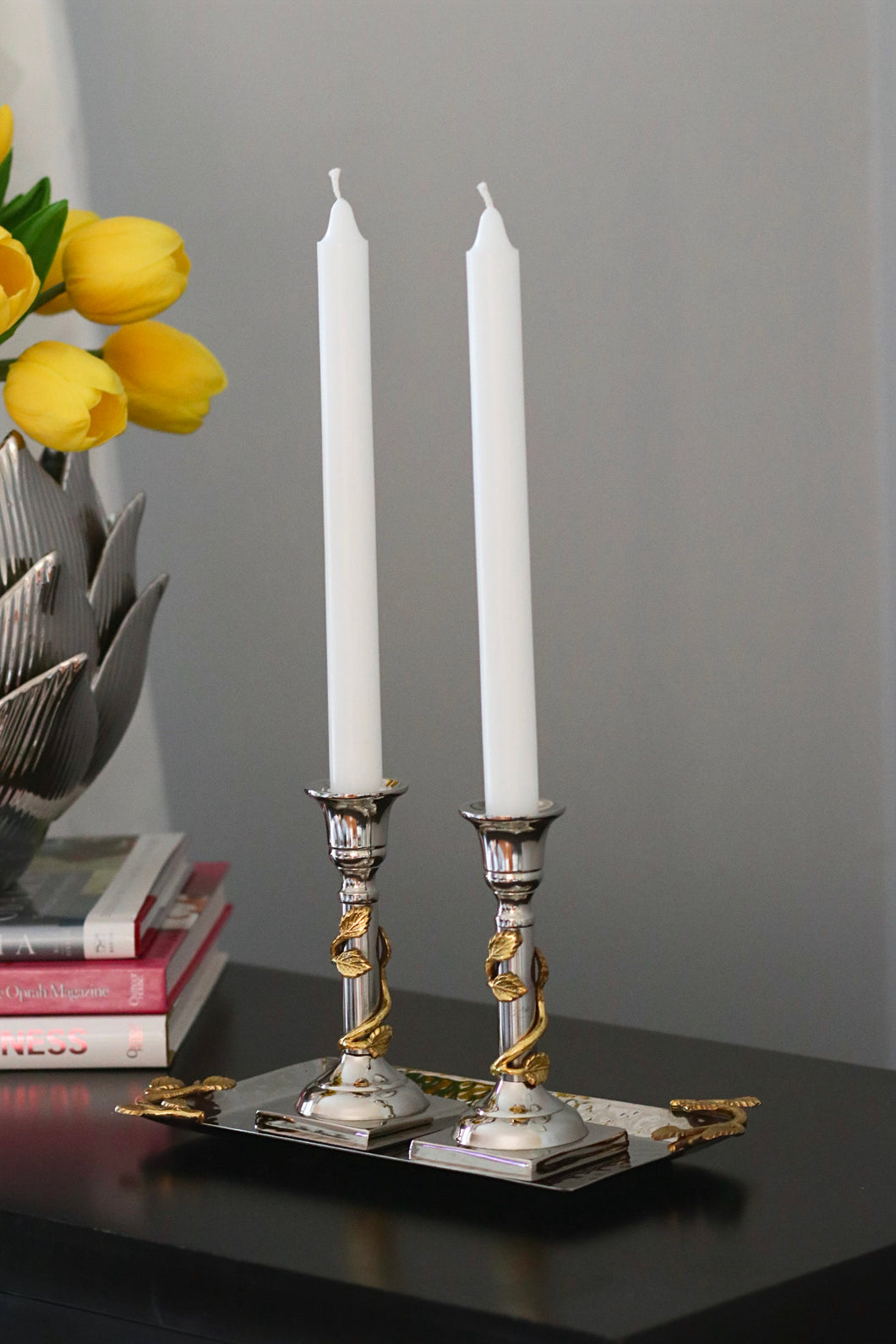 Leaf Candlestick Set with Tray - Gold/Nickel