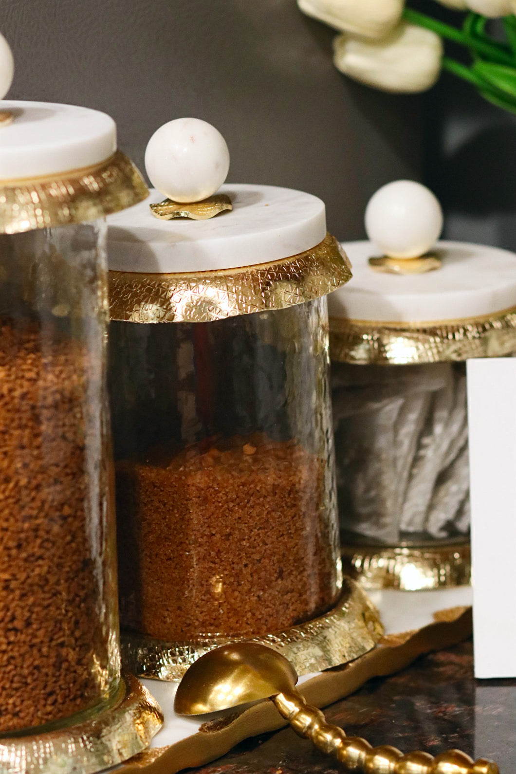 Glass Canister with Marble and Gold Lid