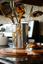 Load image into Gallery viewer, Silver Hammered Utensil Holder with Gold Bumble Bee Detail
