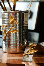 Load image into Gallery viewer, Silver Hammered Utensil Holder with Gold Bumble Bee Detail
