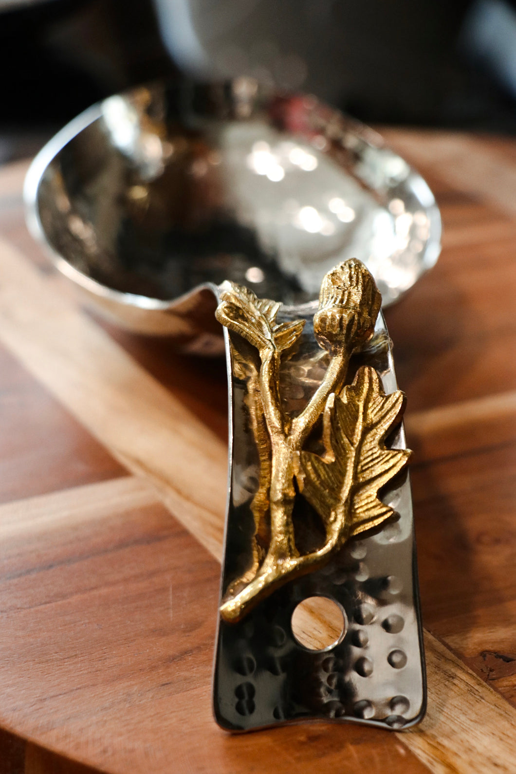 Silver Hammered Utensil Spoon Rest with Gold Olive Branch Detail