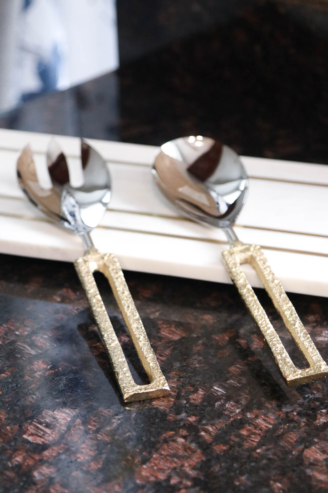 Salad Servers with Square Gold Loop Handles