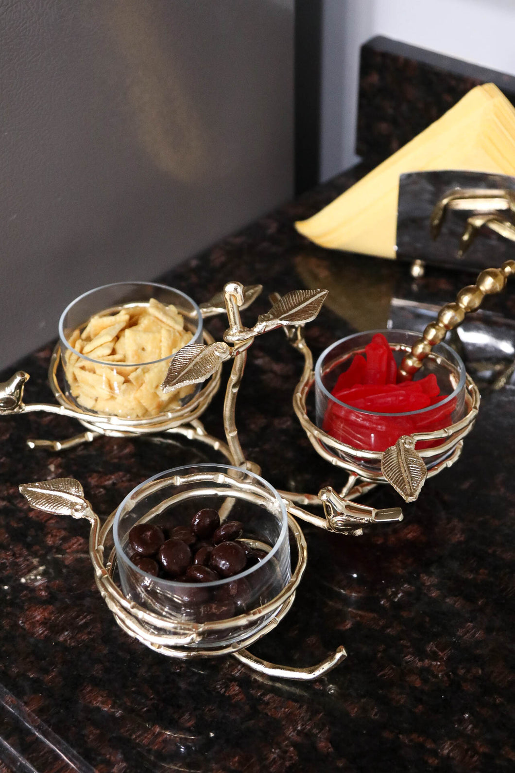 Gold Leaf 3 Bowl Relish Dish with Glass Inserts